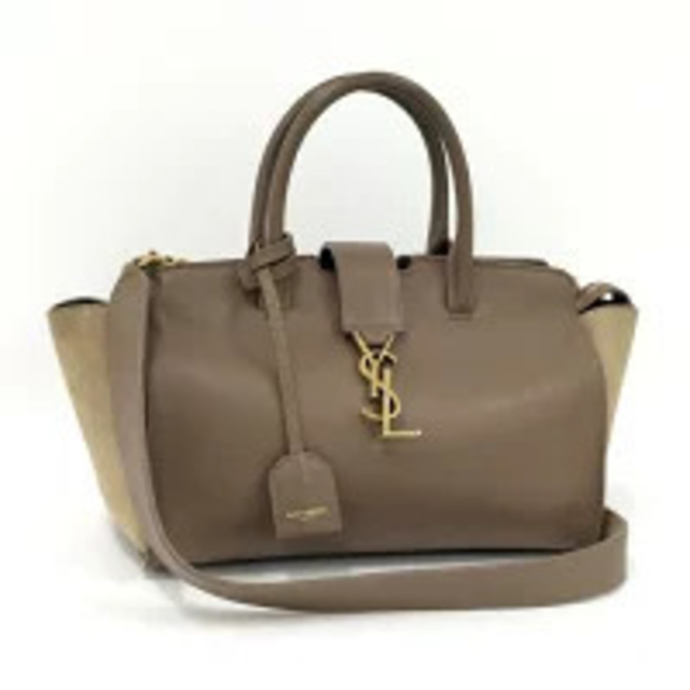Saint Laurent Yves Downtown Cabas Shoulder Bag Leather Mocha Brown Beige Cream